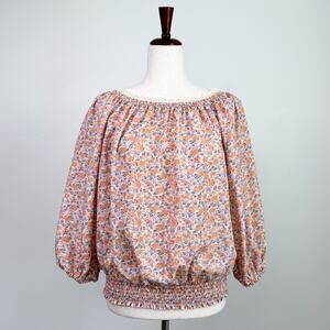 Moda International 100% Silk Wildflower Floral Lace Trim Smocked Peasant Top